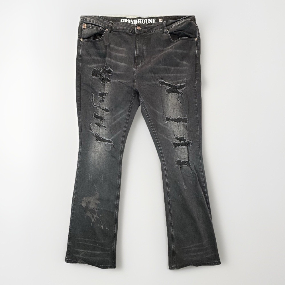 Grindhouse Mens Jeans 44x34 Faded Charcoal Distressed Tapered Floral Embroidered